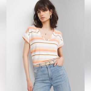 White House Black Market Orange and Cream Striped V-Neck Top (like new!)